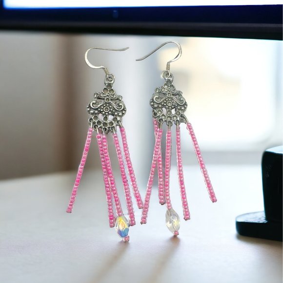Vintage 1960s Pink Chandelier Earrings Artisan Crafted With Szezh Glass Beading - Picture 3 of 8